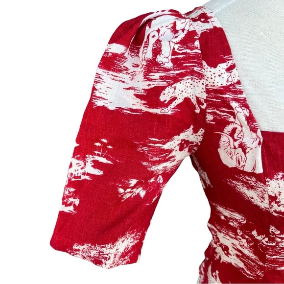 Reformation Leo Linen Top Nairobi Red Safari Print Button Detail Puff Sleeves 6 - Picture 10 of 15
